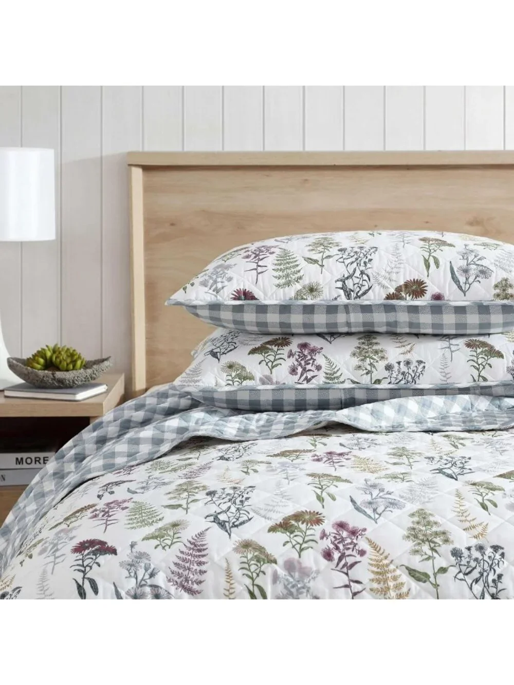 Reversible King Quilt Set - Cotton Bedding, Floral & Plaid Shams, Home Decor